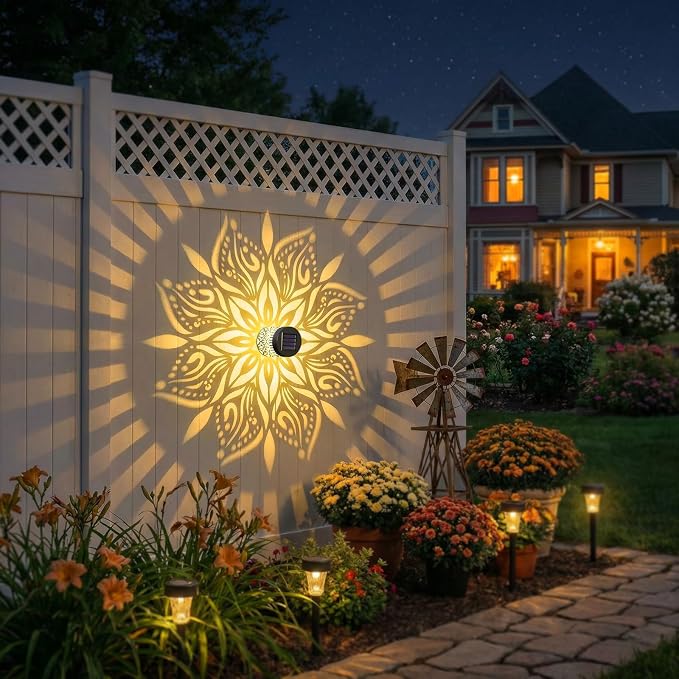 2 Pack Solar Fence Lights Metal Solar Powered Outdoor Wall Deck Step Lights Mandala Theme Waterproof Fence Light for Garden Post Patio Backyard Yard Decor, Gardening Gifts for Women Mom Grandma