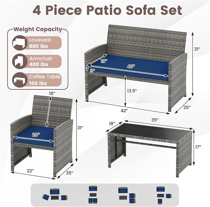 HAPPYGRILL 4 Piece Rattan Wicker Patio Conversation Set, Outdoor Furniture with Chair Loveseat Table & Cushion, for Backyard Porch Balcony (1, Navy)