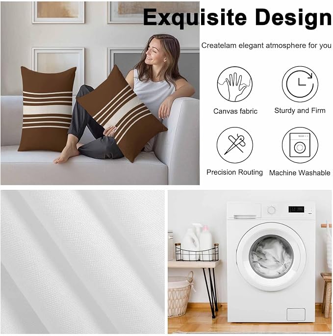 Lumbar Pillow Covers 20x12 Inch Set of 2, Brown Beige Striped Waterproof Outdoor Cushion Covers, Modern Farmhouse Retro Lines Decorative Pillowcases for Couch, Sofa, Bed, Garden, Patio