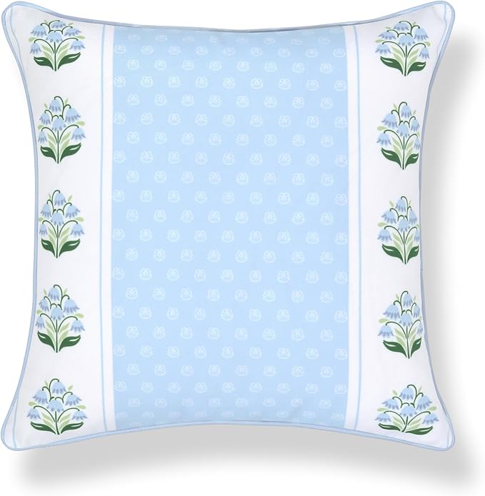 Hofdeco Premium Grandmillennial Coastal Hampton Patio Indoor Outdoor Throw Pillow Cover Only, 20"x20" Water Repellent for Backyard, Couch, Poolside, Blue Green Print Block Striped Lily of the Valley