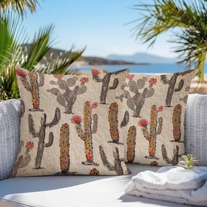 Vandarllin Outdoor Throw Pillows Covers 26x26 inch Set of 2 Waterproof Watercolor Cactus Decorative Zippered Cushion Covers for Patio Furniture, Abstract Floral Desert Lumbar Pillowcases