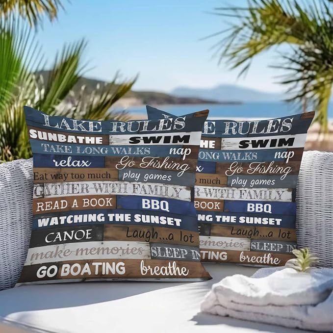 Vandarllin Outdoor Throw Pillows Covers 26x26 inch Set of 2 Waterproof Lake Rules on Wood Grain Decorative Zippered Cushion Covers for Patio Furniture, Rustic Text Wooden Lumbar Pillowcases