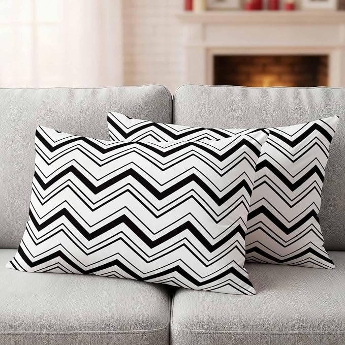 Abstract Geometric Outdoor Pillow Covers Set of 2 Ripple Stripe Chevron Black and White Waterproof Throw Pillow Cover Decorative Cushion Cases for Patio Porch Garden 20X12 Inch