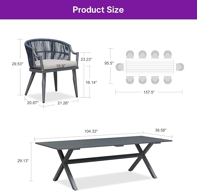 PURPLE LEAF Outdoor Dining Set for 10 with Waterproof Furniture Cover All Weather Patio Dining Set with Rectangular Aluminum Table and Wicker Dining Chairs for Garden Deck Backyard Kitchen, Grey