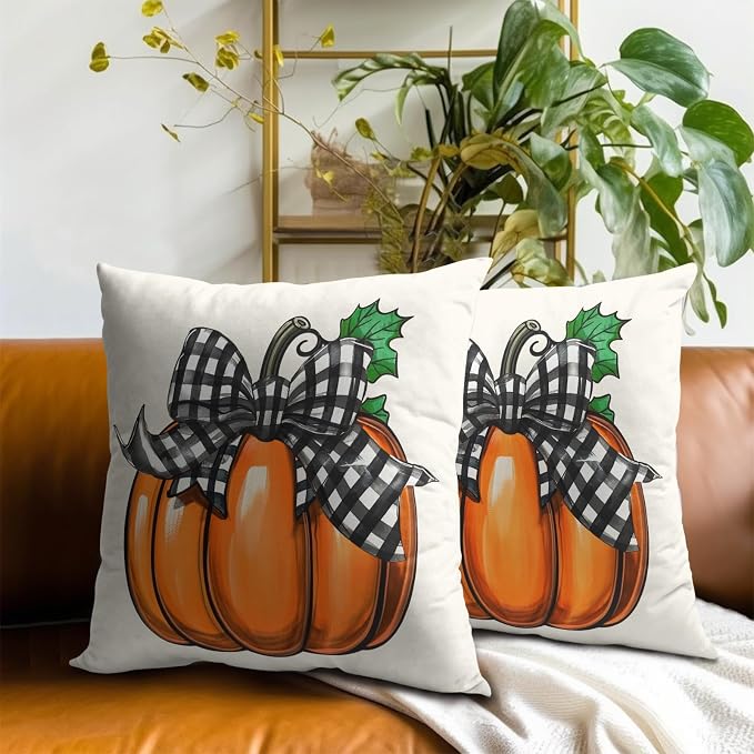 Rustic Autumn Pillow Covers Set of 2, 18x18 Inch Vintage Plaid Farmhouse Pumpkin Design Outdoor Decorative Square Throw Pillowcases for Home Couch Patio or Porch Seasonal Decor