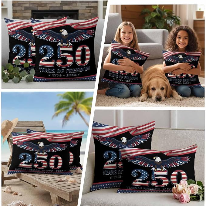 250 Years USA Flag Outdoor Waterproof Throw Pillow Covers 16x16 Set of 2, Independence Day Eagle Anniversary Decorative Pillowcases Cushion Pillowcase for Couch Sofa Patio Outside Pillow Protector