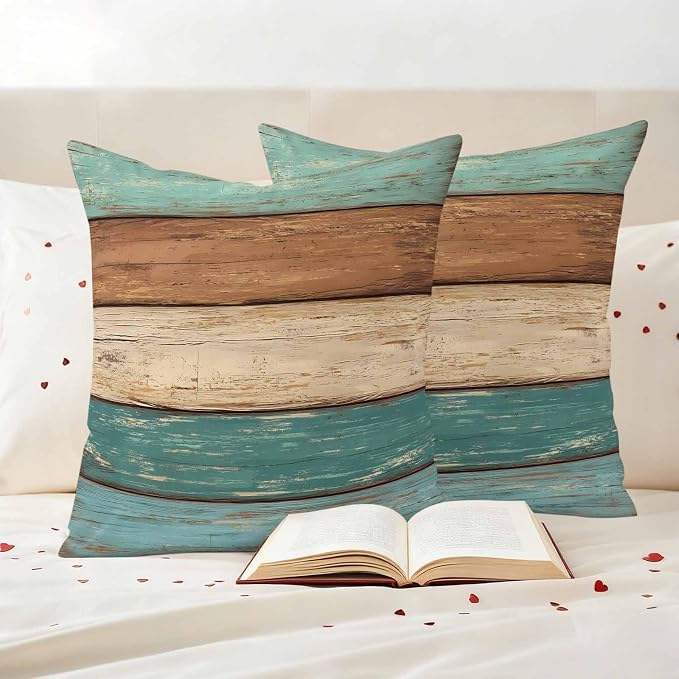 Outdoor Throw Pillows Covers 16X16 Set of 2 Waterproof Teal Turquoise Green Brown Decorative Zippered Cushion Covers for Patio Furniture, Farmhouse Retro Rustic Barn Wood Texture Lumbar Pillowcases