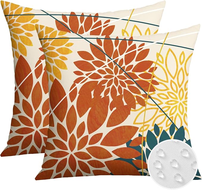 OTOSTAR Outdoor Orange Yellow Pillow Covers 20x20 Inch Set of 2 Blue Flower Throw Pillows Farmhouse Geometric Dahlia Floral Square Cushion Case Waterproof Decor for Sofa Patio Funiture Garden