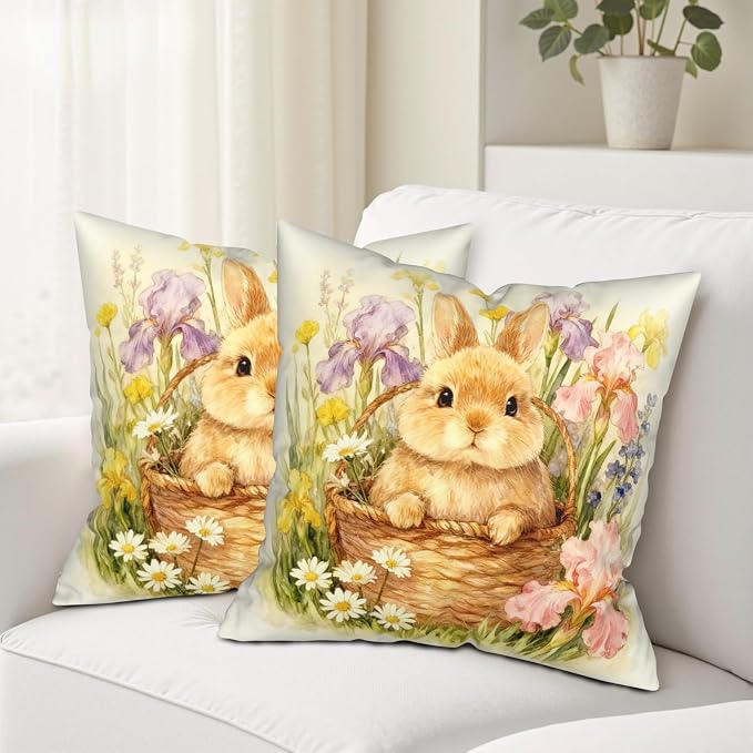 Easter Pillow Covers Lovely Flowers Bunny Throw Pillow Covers 20x20 Watercolor Rabbit with Iris Daisy Floral Pillow Cases Easter Decorations for Home Outdoor Spring Decor 2 Pack