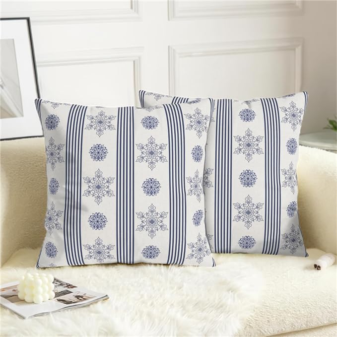 Winter Pillow Covers Blue and White Porcelain Blue Snowflakes Striped Throw Pillow Covers Navy Blue Floral Pillowcase 18x18 Set of 2 Neutral Cushion Case for Couch Sofa