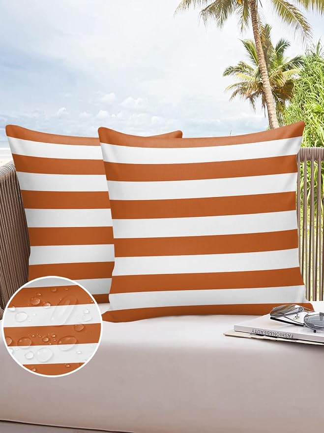 Outdoor Pillows 20x20 Waterproof Outdoor Pillow Covers Orange White Stripes Polyester Throw Pillow Covers Garden Cushion Decorative Case for Patio Couch Decoration Set of 2 Geometric