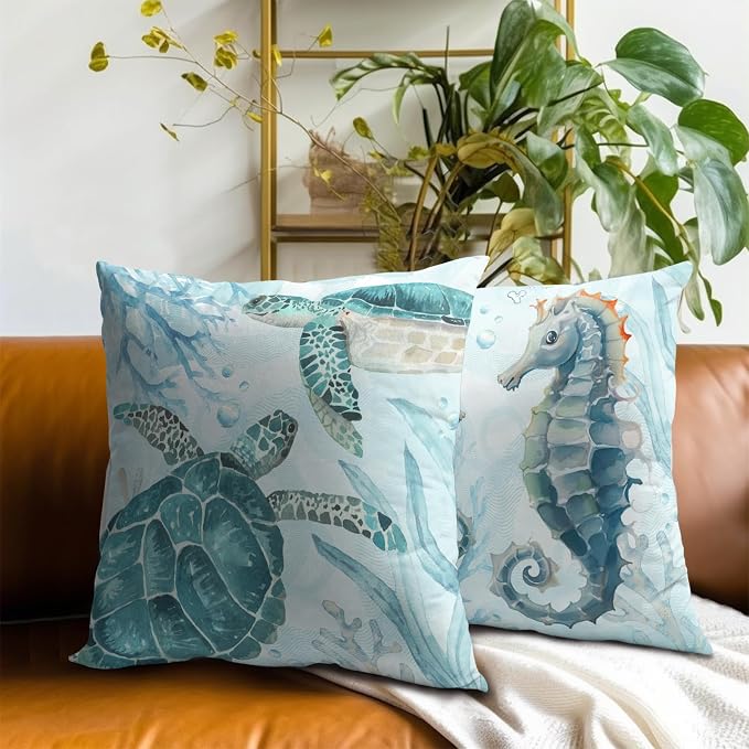 Coastal Ocean Throw Pillow Cover 22x22 inch,2 Pcs Blue Sea Turtle Seahorse Animal Nautical Themed Decorative Pillow Cases Linen Square Cushion Covers for Couch Sofa Home Decor