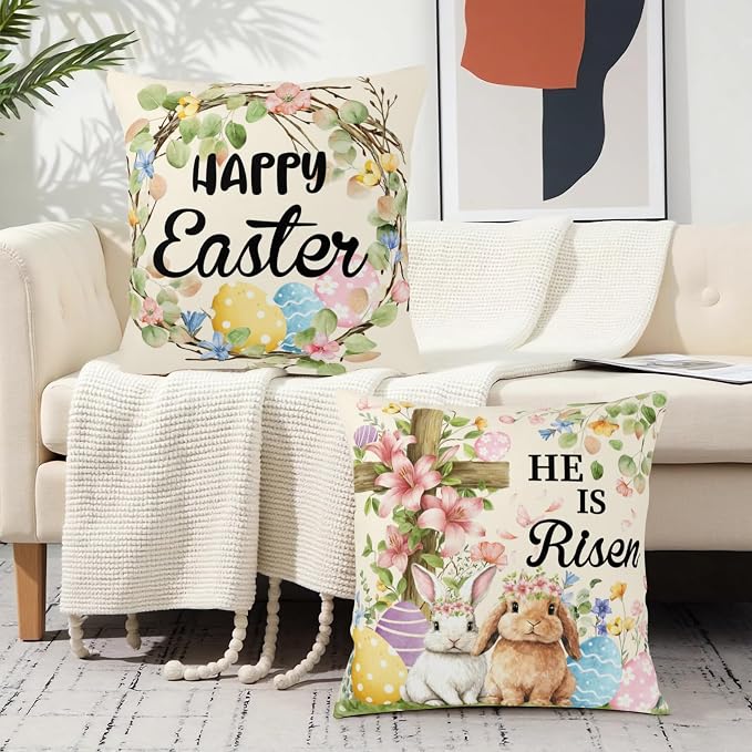 Happy Easter Throw Pillow Covers He is Risen Floral Cross Pillow Covers Spring Easter Bunny Pillow Cases 20x20 Set of 2 Colorful Eggs Rabbit Cushion Cases for Home Sofa Couch