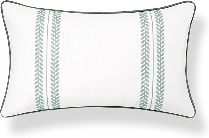 Hofdeco Premium Coastal Grandmillennial Patio Indoor Outdoor Lumbar Pillow Cover Only, 12"x20" Water Repellent for Backyard, Couch, Poolside, Celadon Green Print Leaf Striped