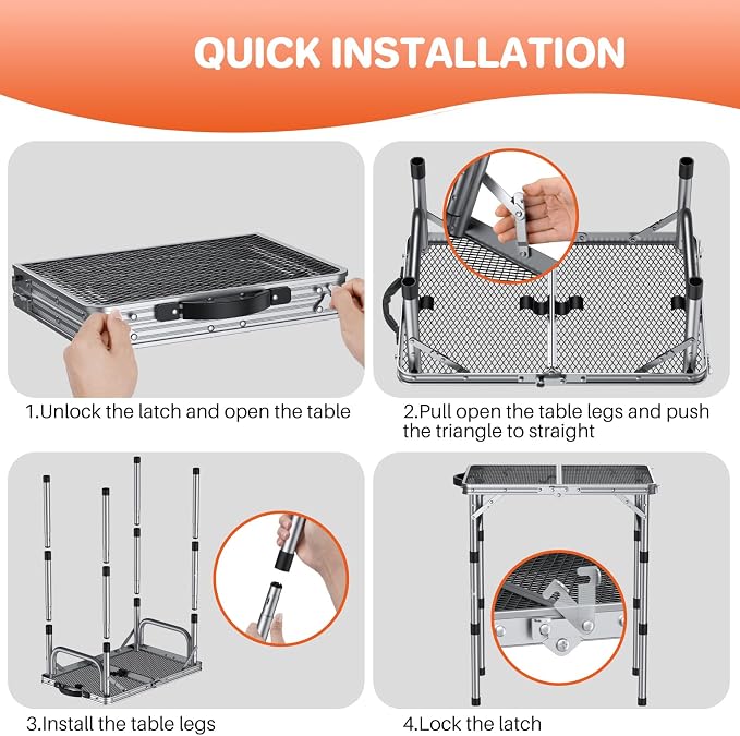 FUNYKICH Folding Grill Table for Outside, 3 Height Adjustable Portable Camping Tables, Lightweight Metal Aluminum Outdoor Table with Portable Handle for Camping, Picnic, BBQ, 23''x16'', Silver
