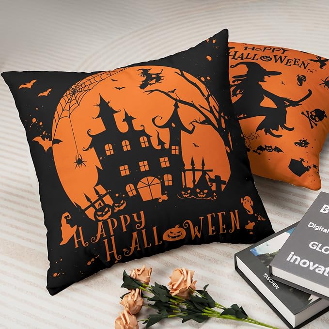 2 Pack Happy Halloween Pillow Covers 22x22 Castle Witch Halloween Decoration Fall Pillow Covers Halloween Indoor Decor Black and Yellow Pillow Case Cotton Blend for Sofa