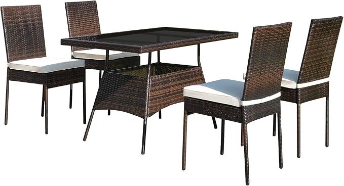 HAPPYGRILL 5-Pieces Patio Dining Set Outdoor Rattan Wicker Table and Chair Set with Glass Tabletop, Modern Dining Furniture Set with Cushioned Chairs for Backyard Porch Dining Room Kitchen