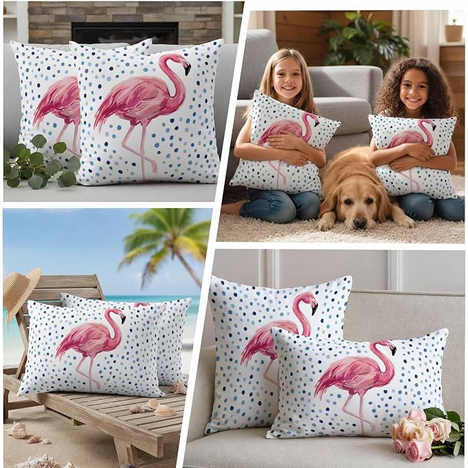 Flamingo Outdoor Waterproof Throw Pillow Covers 26 x 26 Inches Set of 2 Art Flamingo Blue Polka Dots Summer Tropical Decorative Cushion Cover Pillowcase for Garden Patio Tent Beach Sofa Couch