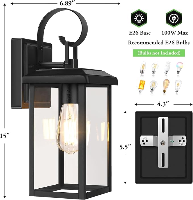 BesLowe 2-Pack 15” Outdoor Wall Light Fixtures, Black Modern Porch Sconces | Waterproof, Rust-Resistant, Durable Metal with Clear Glass, Standard E26 Socket, Easy to Install