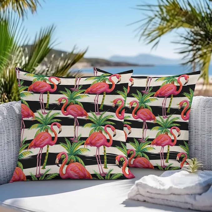 Vandarllin Outdoor Throw Pillows Covers 18x18 inch Set of 2 Waterproof Flamingo Decorative Zippered Cushion Covers for Patio Furniture, Tropical Palm Leaves Black Stripe Linen Lumbar Pillowcases