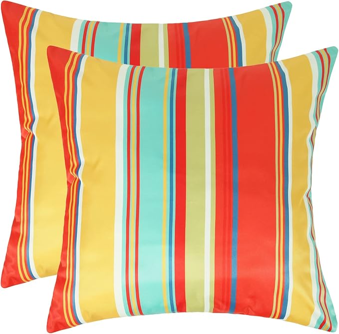 Pyonic Outdoor Pillow Covers 16x16 Inch Waterproof Decorative Stripe Throw Pillow Covers for Couch Chair Patio Porch, Pack of 2(Colorful Red)