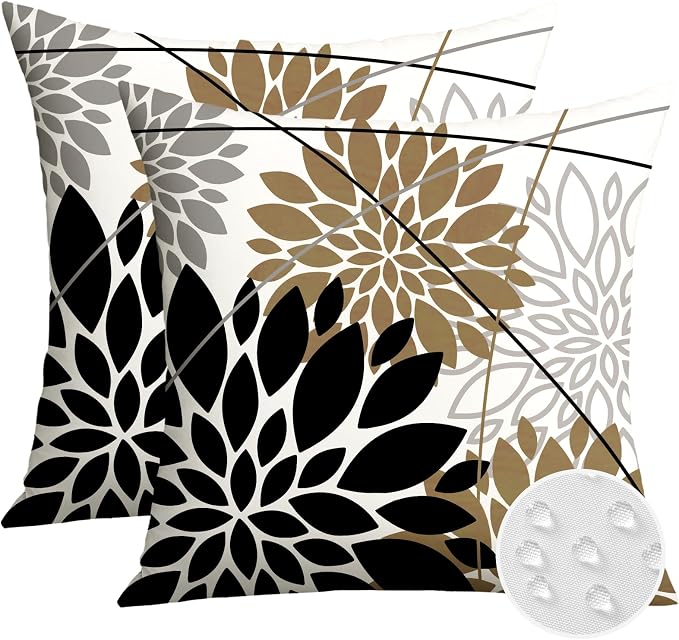 OTOSTAR Outdoor Black Brown Pillow Covers 20x20 Inch Set of 2 Light Brown Flower Throw Pillows Farmhouse Geometric Dahlia Floral Square Cushion Case Waterproof Decor for Sofa Patio Funiture Garden