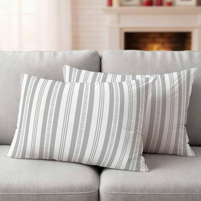 Gery Striped Outdoor Waterproof Pillow Covers, Farmhouse Stripes Modern Geometric Decorative Rectangle Throw Pillowcase Sofa Cushion Sham for Patio/Couch/Chair, 20"x12" 2 Pack