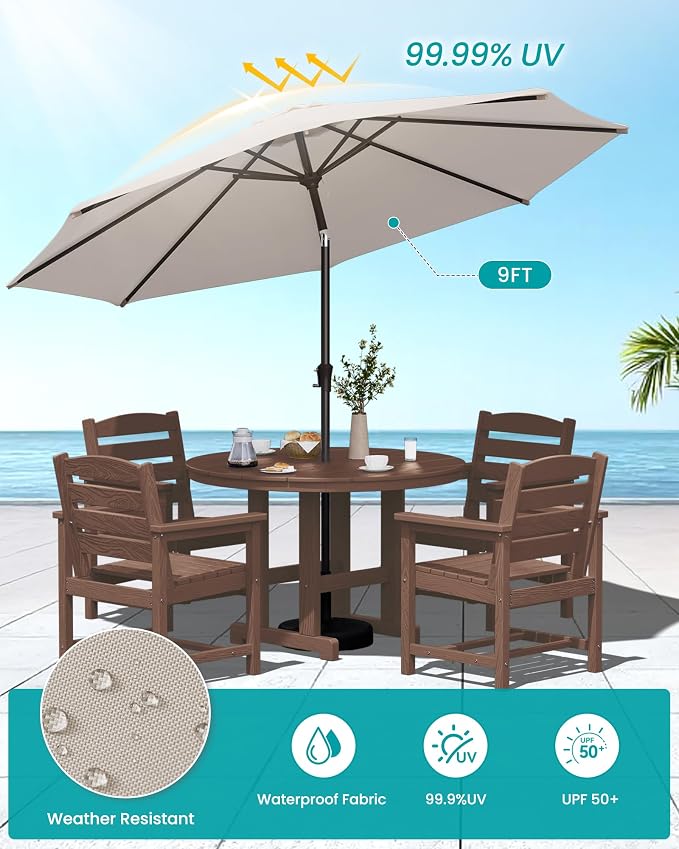 SERWALL 6-Piece Patio Dining Sets, HDPE Outdoor Table and Chairs Furniture Set with Umbrella, 45" Round Dining Table & 4 Dining Chairs & 1 9FT Umbrella, Coffee(Not Include Umbrella Base)