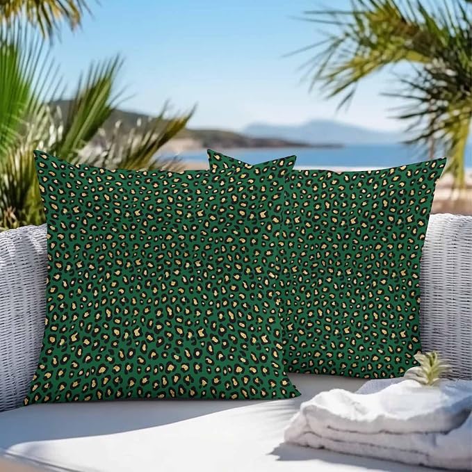 Vandarllin Outdoor Throw Pillows Covers 18x18 inch Set of 2 Waterproof Green Leopard Print Decorative Zippered Cushion Covers for Patio Furniture, Luxury Animal Fur Pattern Lumbar Pillowcases
