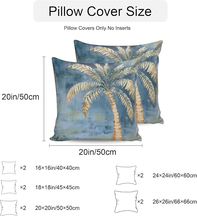 Coastal Beach Tree Blue Brown Outdoor Waterproof Pillow Covers, Vintage Summer Palm Tree Decorative Square Throw Pillowcase, Tropical Botanical Sofa Cushion Sham for Patio/Couch/Chair, 24"x24" 2 Pack