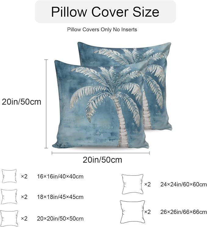 Coastal Beach Tree Blue Grey Outdoor Waterproof Pillow Covers, Vintage Summer Palm Tree Decorative Square Throw Pillowcase, Tropical Botanical Sofa Cushion Sham for Patio/Couch/Chair, 20"x20" 2 Pack