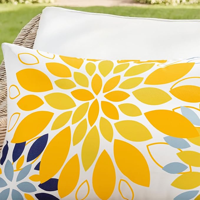 Floral Outdoor Pillow Covers Yellow Blue 16x16 Set of 2 | Waterproof Throw Pillow Cases Spring Decorative Summer Cushion Covers for Patio Furniture Garden Bench Porch Sofa