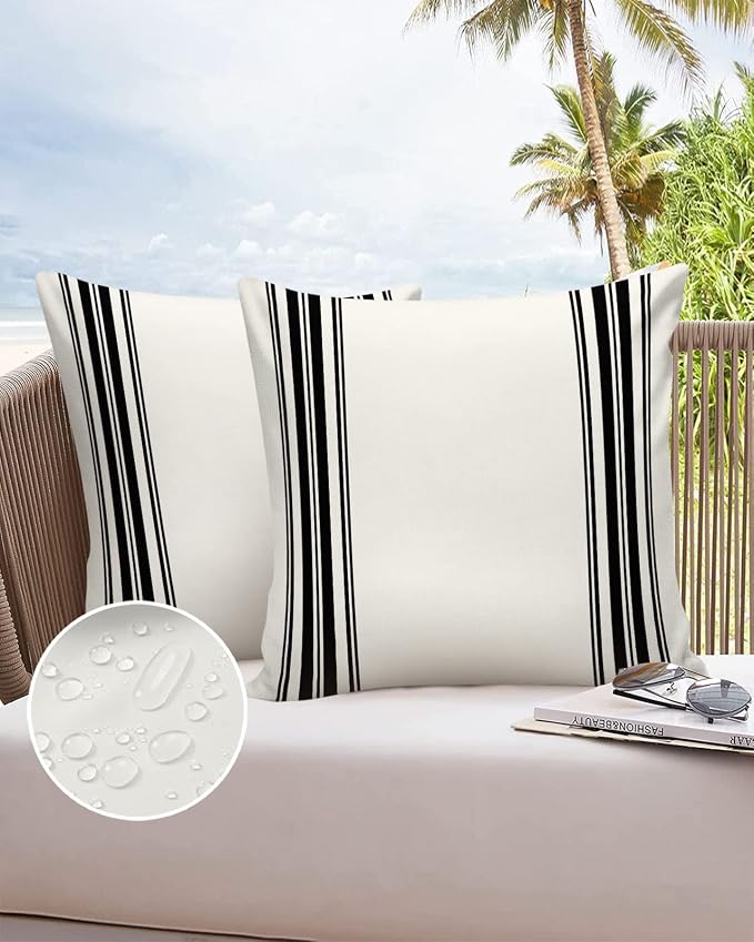 Outdoor Waterproof Pillow Covers for Patio Furniture Black Ticking Vertically Stripe Decorative Throw Pillow Cover Simple Style White Pillowcases Set of 2 Cushion Case for Sofa Couch Chair 24x24 In