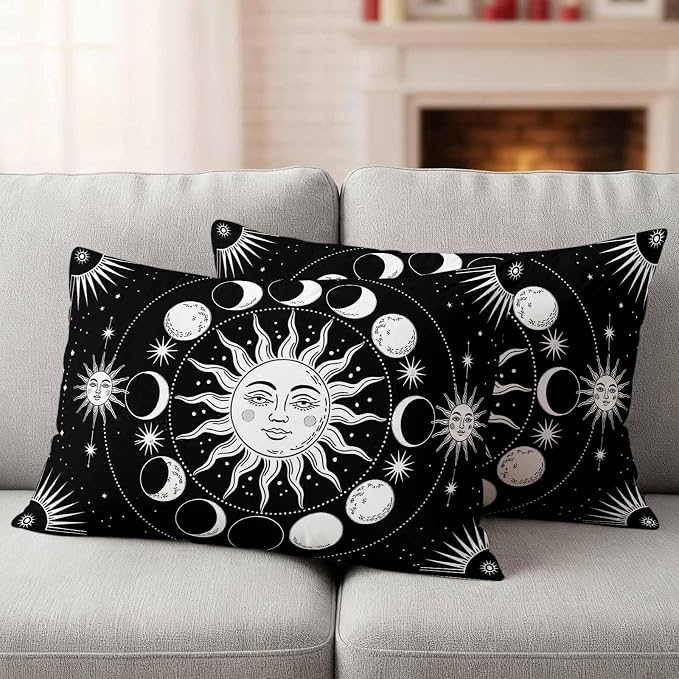 Celestial Sun and Moon Waterproof Outdoor Pillow Covers Set of 2 Home Decor, Black Starry Galaxy Boho Lumbar Pillowcase Patio Pillow Covers for Couch Bench Patio Furniture Garden 20x12in