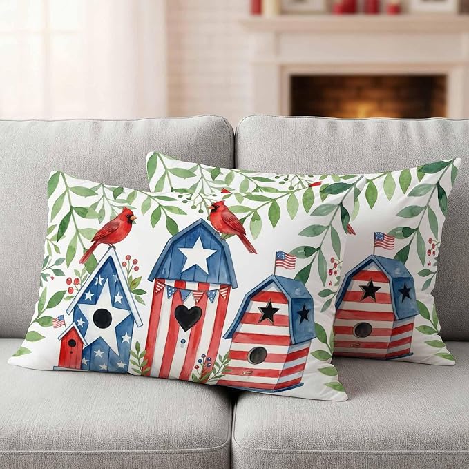 American Flag Bird House Outdoor Pillow Covers Waterproof, All Weather Cushion Case Set of 2, Green Eucalyptus Leaves 250th Lumbar Pillowcase for Sofa Couch Bed Decor Patio Furniture 20"x12"