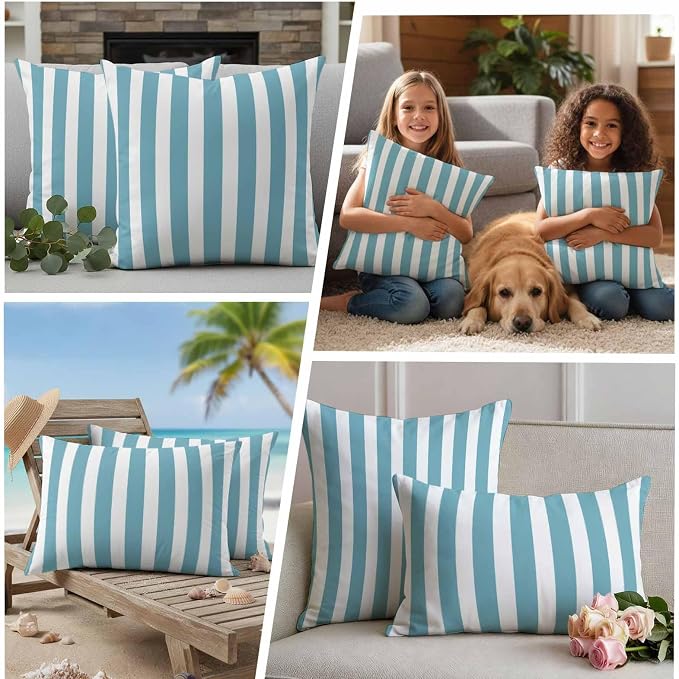 Aqua Striped Outdoor Waterproof Throw Pillow Covers 20x12 Set of 2, Modern Farmhouse Blue White Stripes Decorative Pillowcases Cushion Pillowcase for Couch Sofa Patio Outside Pillow Protector
