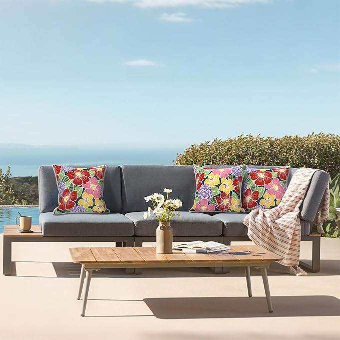 LVTXIII Outdoor Throw Pillows 18x18 Patio Waterproof Square Pillows with Piping Fade Resistant Accent Pillow for Spring Summer Garden Decoration, Set of 2, Flower Bloom
