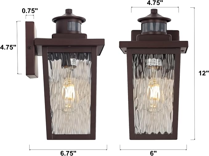 Oil Rubbed Bronze Motion Sensor Exterior Wall Lantern, Dusk to Dawn Outdoor Lighting with Clear Water Glass and E26 Base Socket, 12" Outside Lights for House Entryway