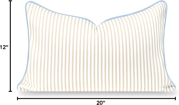 Hofdeco Premium Coastal Hampton Patio Indoor Outdoor Lumbar Pillow Cover Only, 12"x20" Water Repellent for Backyard, Couch, Poolside, Neutral Tan Blue Print Stripes