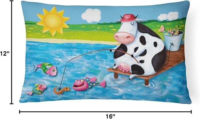 Caroline's Treasures APH0085PW1216 Cow Fishing Off of a Pier Canvas Fabric Decorative Pillow Machine Washable, Indoor Outdoor Decorative Pillow for Couch, Bed or Patio, 12HX16W