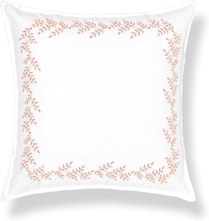 Hofdeco Premium Grandmillennial Patio Indoor Outdoor Throw Pillow Cover Only, 20"x20" Water Repellent for Backyard, Couch, Poolside, Blush Pink Embroidered Leaves Frame