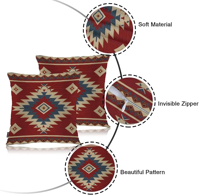 Swono Aztec Pattern Set of 2 Throw Pillow Covers Ikat American Navajo Style Chevron Red 18x18 Inches Pillow Cases Standard Cushion Cover Square Pillowcases for Men Women Decorative Home Bed Sofa