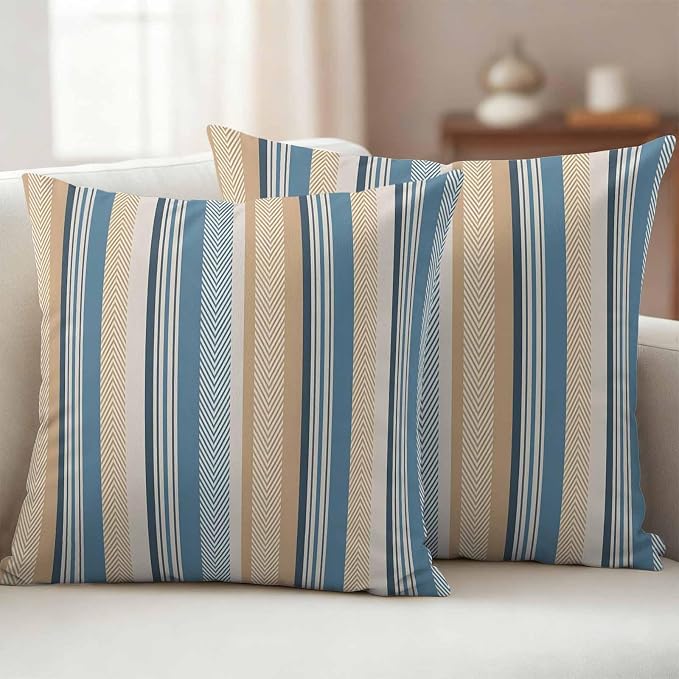 Blue Brown Beige Outdoor Pillow Covers 18x18 Inch Throw Pillow Covers Set of 2 Waterproof Decorative Pillow Cases Boho Farmhouse Abstract Stripes Art Cushion Covers for Patio Furniture Garden Couch