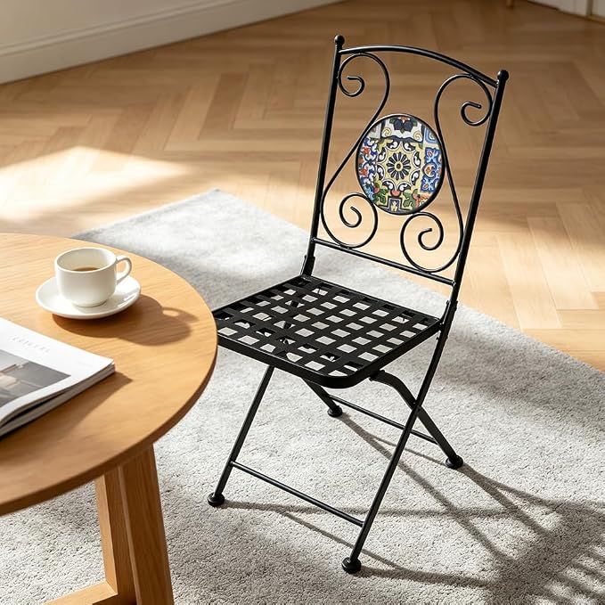 Folding Patio Chairs Set of 2 Mosaic Bistro Chair Outdoor Seating | Garden Patio Furniture Seating Heavy Duty Metal Frame Dining Chairs for Lawn Yard Balcony Porch Backyard Poolside
