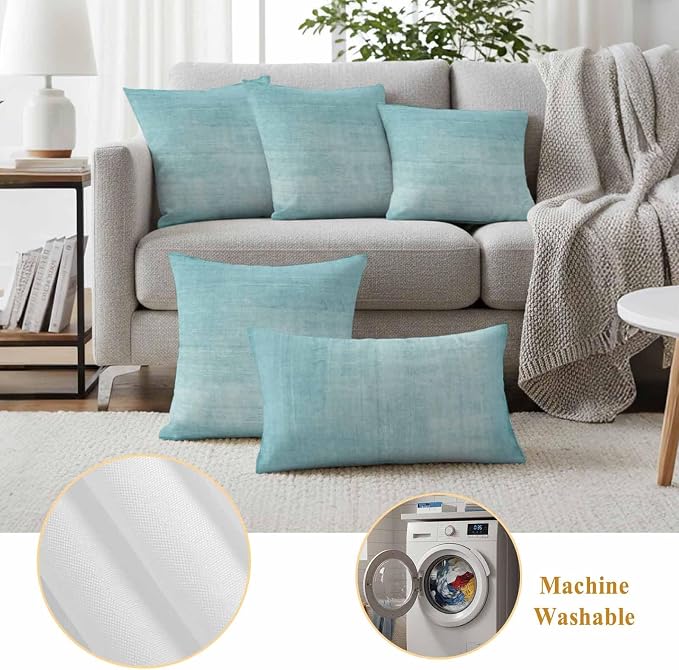Vandarllin Outdoor Throw Pillows Covers 20x12 inch Set of 2 Waterproof Aqua Linen Decorative Zippered Cushion Covers for Patio Furniture, Solid Color Texture Lumbar Pillowcases