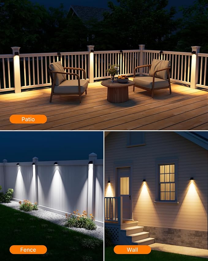 8 Pack Solar Powered Fence Lights Outdoor Wall Mount Decorative Waterproof Down LED for Deck, Outside Stairs, Pool Cage, Patio, Backyard, Garden, Bright 3 Color Temperatures Lamps with Easy to Install