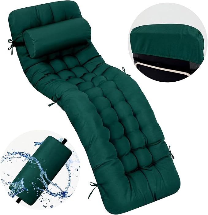 Tudomro Outdoor Chaise Lounge Cushion 66x21x4'' Waterproof & Fade-Resistant Patio Pool Chaise Lounge Cushion Headrest Pillow Tie Replacement Rocking High Back Chair(Hunter Green,1 Pcs)