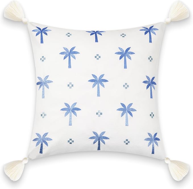 Hofdeco Premium Coastal Patio Indoor Outdoor Pillow Cover Only, 20"x20" Water Repellent for Backyard, Couch, Cornflower Blue Embroidered Coconut Tree Tassel