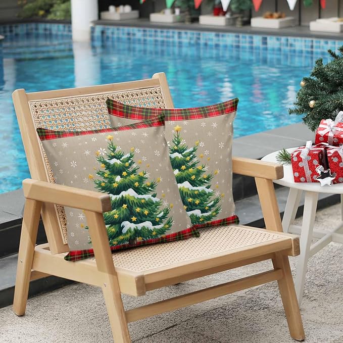 Outdoor Waterproof Throw Pillow Covers, Christmas Trees Winter Snowflake Green Red Tartan Plaid Vintage Burlap Pattern Pillowcases Cushion Covers Cases for Patio Couch Bench, Pack of 2, 18X18 Inch