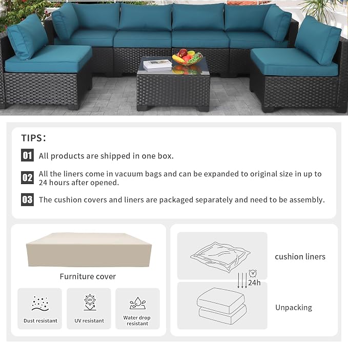 Valita Outdoor Furniture Replacement Cushions, Fits 6-seat Sectional Rattan Conversation Set, Patio Water-Resistant Replacement Sofa Cushions, Liner&Cover (Peacock Blue)